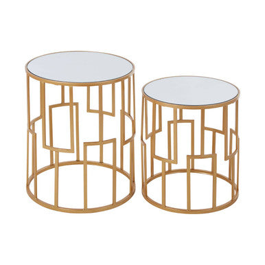 Set Of 2 White Mirrored Glass Top & Gold Metal Frame Round Side Tables, Avantis