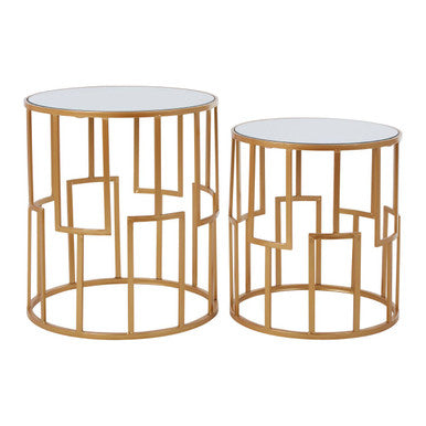 Set Of 2 White Mirrored Glass Top & Gold Metal Frame Round Side Tables, Avantis