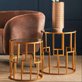 Set Of 2 White Mirrored Glass Top & Gold Metal Frame Round Side Tables, Avantis