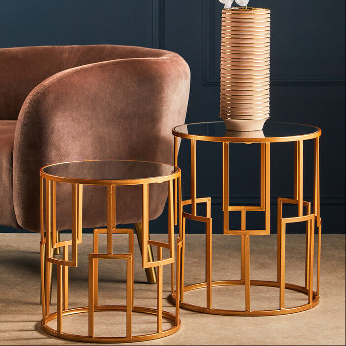 Set Of 2 White Mirrored Glass Top & Gold Metal Frame Round Side Tables, Avantis