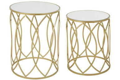Set Of 2 Mirrored Glass Top & Gold Champagne Metal Frame Side Tables, Avantis