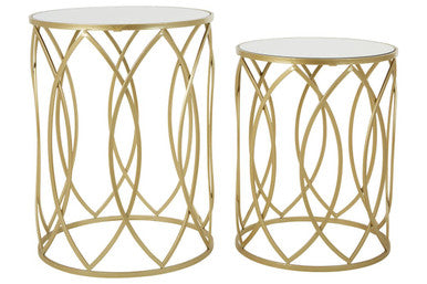 Set Of 2 Mirrored Glass Top & Gold Champagne Metal Frame Side Tables, Avantis