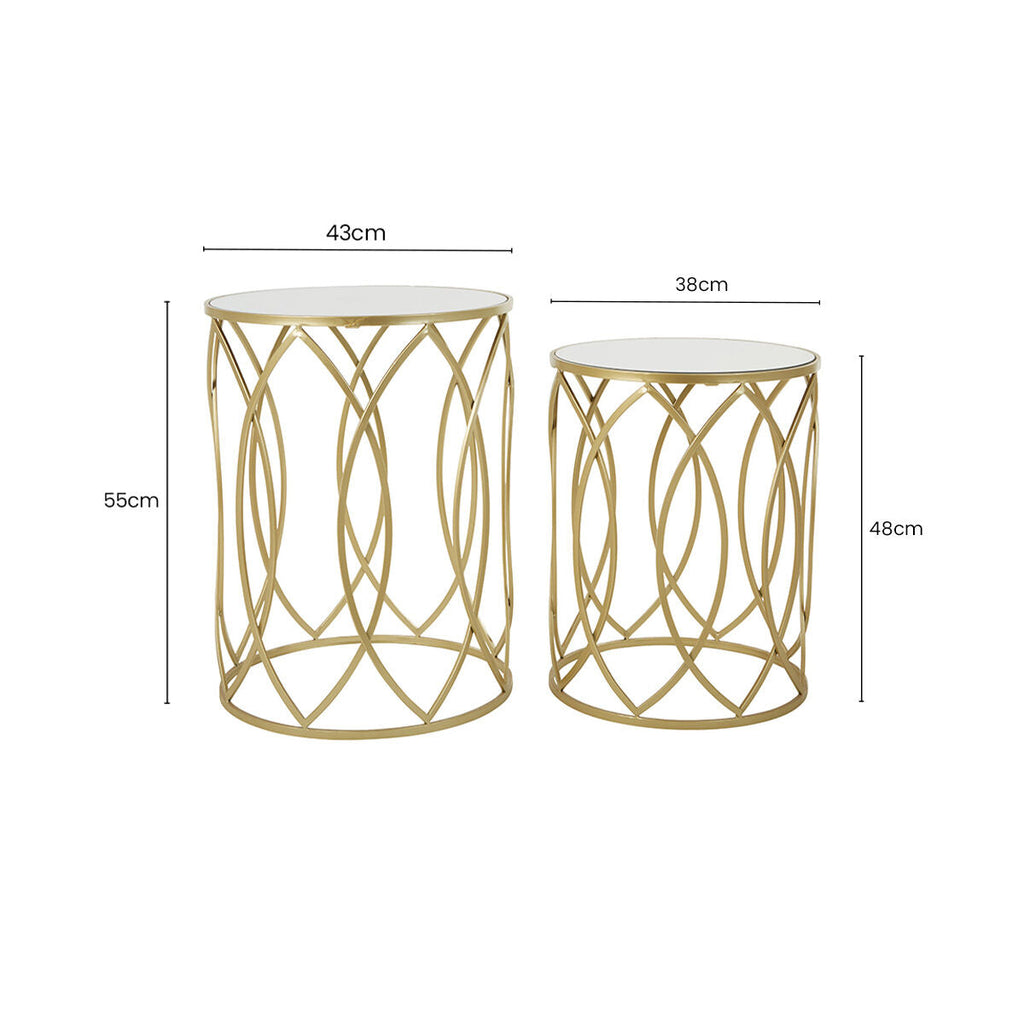 Set Of 2 Mirrored Glass Top & Gold Champagne Metal Frame Side Tables, Avantis