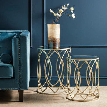Set Of 2 Mirrored Glass Top & Gold Champagne Metal Frame Side Tables, Avantis