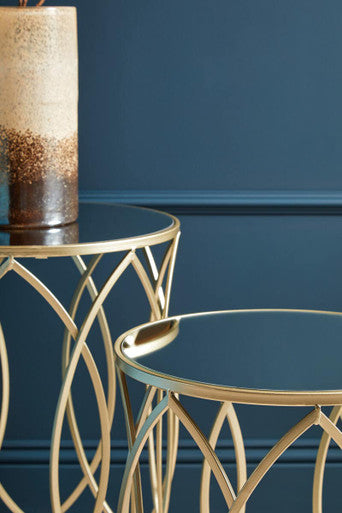 Set Of 2 Mirrored Glass Top & Gold Champagne Metal Frame Side Tables, Avantis