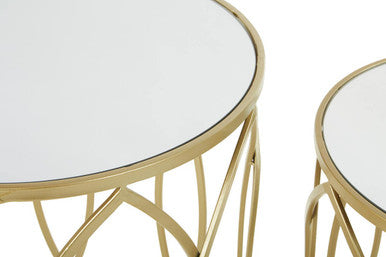 Set Of 2 Mirrored Glass Top & Gold Champagne Metal Frame Side Tables, Avantis