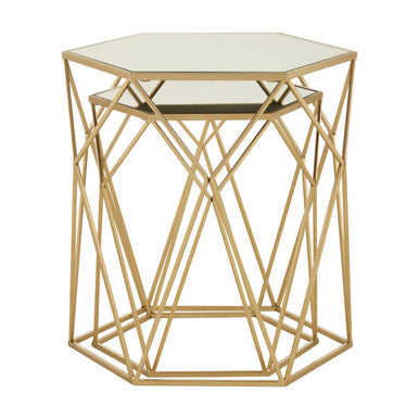Set Of 2 Gold Hexagonal Mirrored Top Side Tables With Gold Metal Frame, Avantis