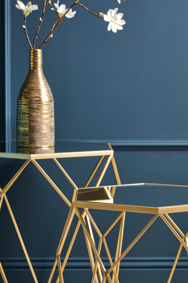 Set Of 2 Gold Hexagonal Mirrored Top Side Tables With Gold Metal Frame, Avantis