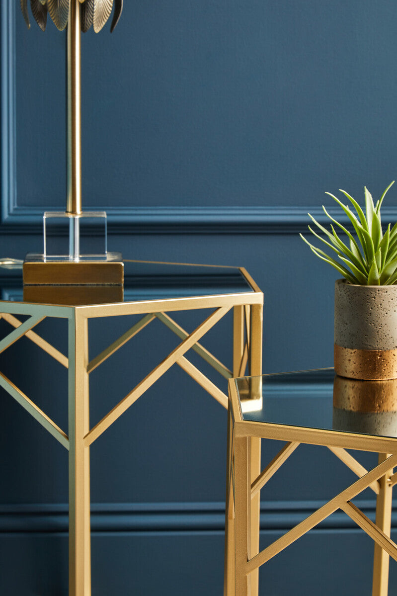 Set Of 2 Gold Hexagonal Frame Side Tables With Mirrored Glass Top, Avantis