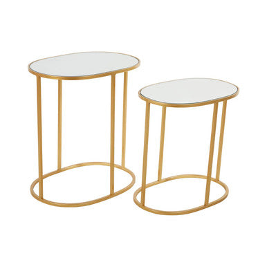 Set Of 2 Mirrored Glass Oval Top Side Tables With Gold Metal Frame, Avantis