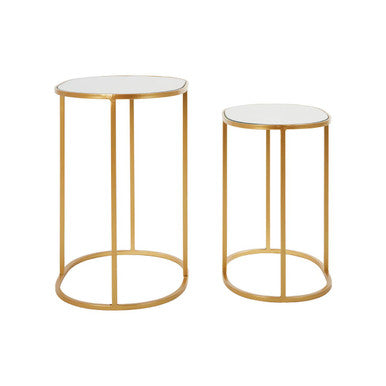Set Of 2 Mirrored Glass Oval Top Side Tables With Gold Metal Frame, Avantis