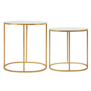 Set Of 2 Mirrored Glass Oval Top Side Tables With Gold Metal Frame, Avantis