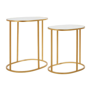 Set Of 2 Mirrored Glass Oval Top Side Tables With Gold Metal Frame, Avantis