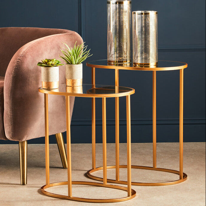 Set Of 2 Mirrored Glass Oval Top Side Tables With Gold Metal Frame, Avantis