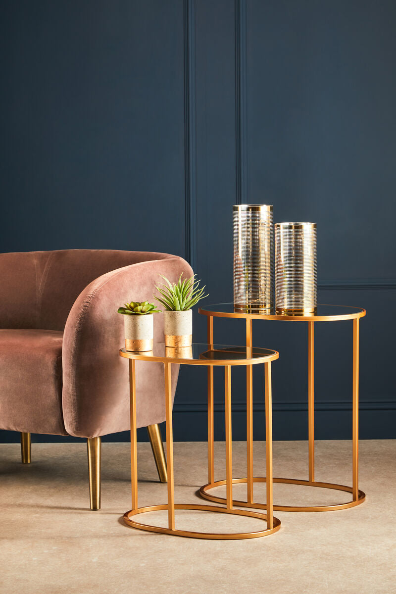 Set Of 2 Mirrored Glass Oval Top Side Tables With Gold Metal Frame, Avantis