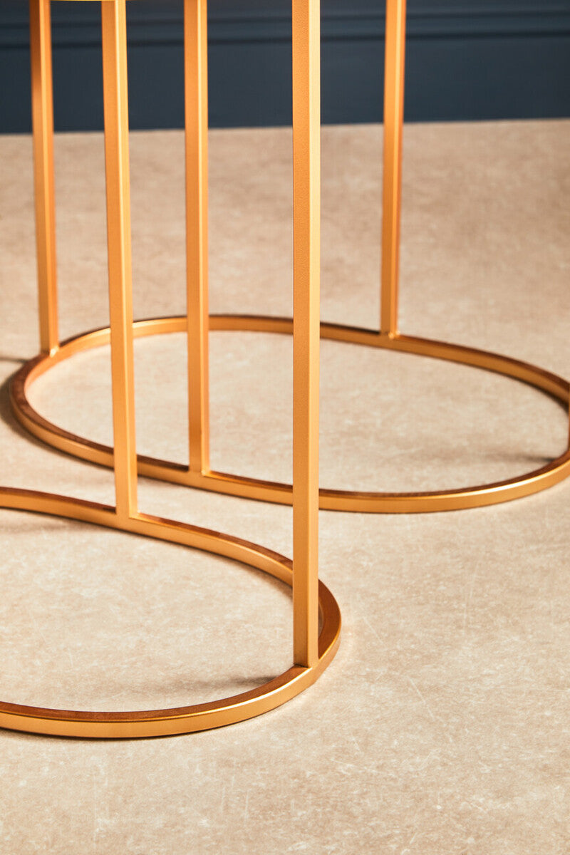Set Of 2 Mirrored Glass Oval Top Side Tables With Gold Metal Frame, Avantis