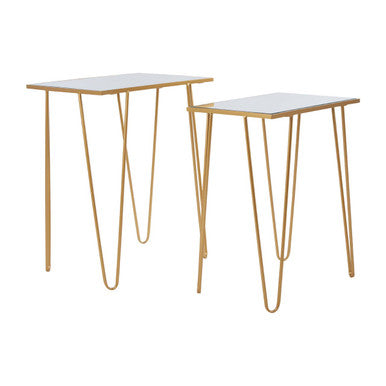 Set Of 2 Mirrored Glass Top Rectangular Side Tables With Gold Metal Hairpin Legs, Avantis