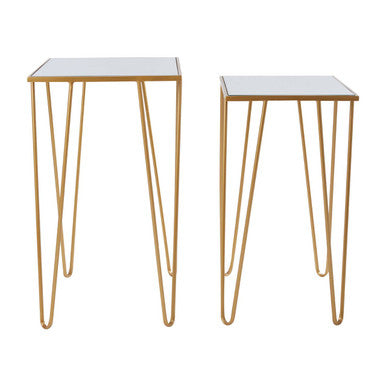 Set Of 2 Mirrored Glass Top Rectangular Side Tables With Gold Metal Hairpin Legs, Avantis
