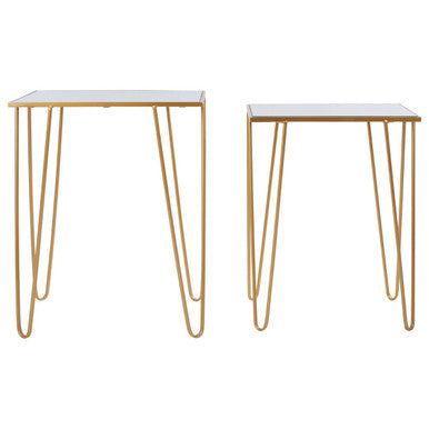 Set Of 2 Mirrored Glass Top Rectangular Side Tables With Gold Metal Hairpin Legs, Avantis