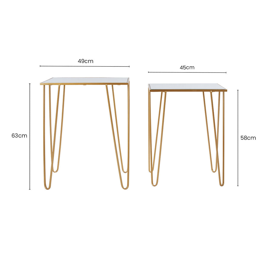 Set Of 2 Mirrored Glass Top Rectangular Side Tables With Gold Metal Hairpin Legs, Avantis