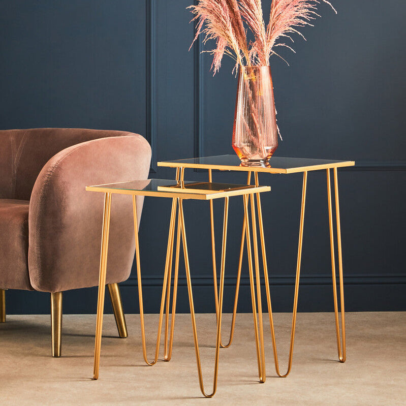 Set Of 2 Mirrored Glass Top Rectangular Side Tables With Gold Metal Hairpin Legs, Avantis