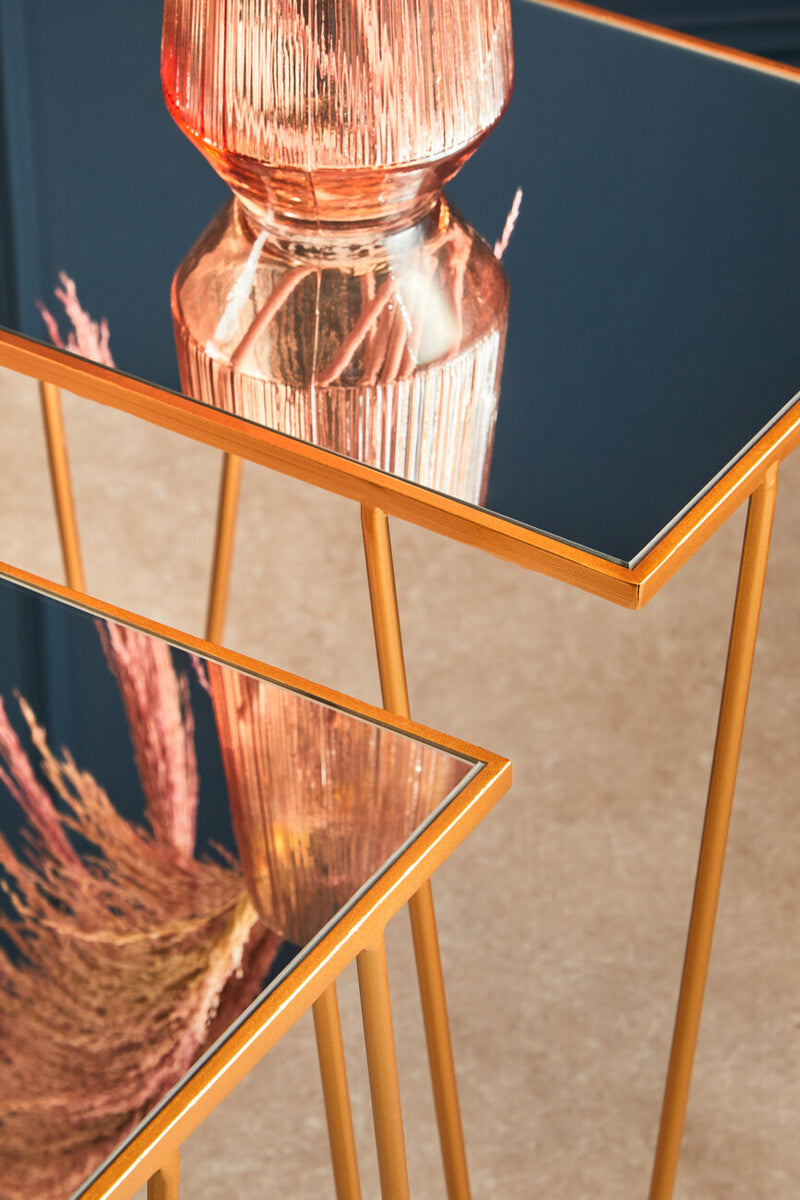 Set Of 2 Mirrored Glass Top Rectangular Side Tables With Gold Metal Hairpin Legs, Avantis