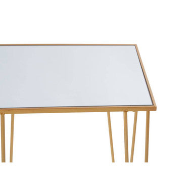 Set Of 2 Mirrored Glass Top Rectangular Side Tables With Gold Metal Hairpin Legs, Avantis