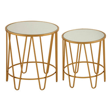 Set Of 2 Mirrored Glass Top Side Tables With Gold Hairpin Legs Rounded Design, Avantis