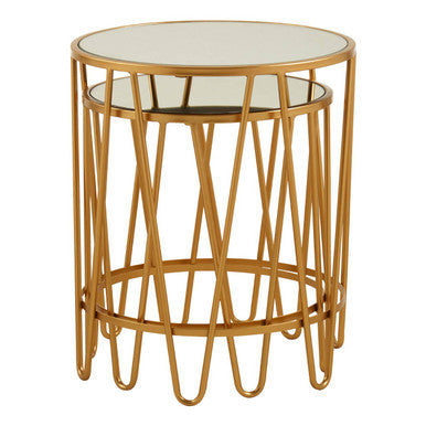 Set Of 2 Mirrored Glass Top Side Tables With Gold Hairpin Legs Rounded Design, Avantis