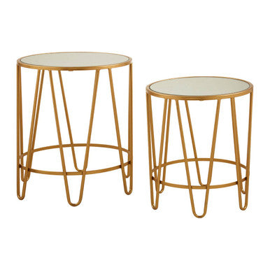 Set Of 2 Mirrored Glass Top Side Tables With Gold Hairpin Legs Rounded Design, Avantis