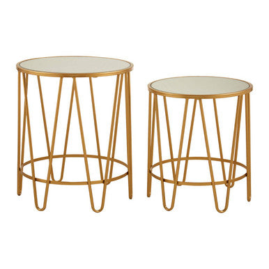 Set Of 2 Mirrored Glass Top Side Tables With Gold Hairpin Legs Rounded Design, Avantis