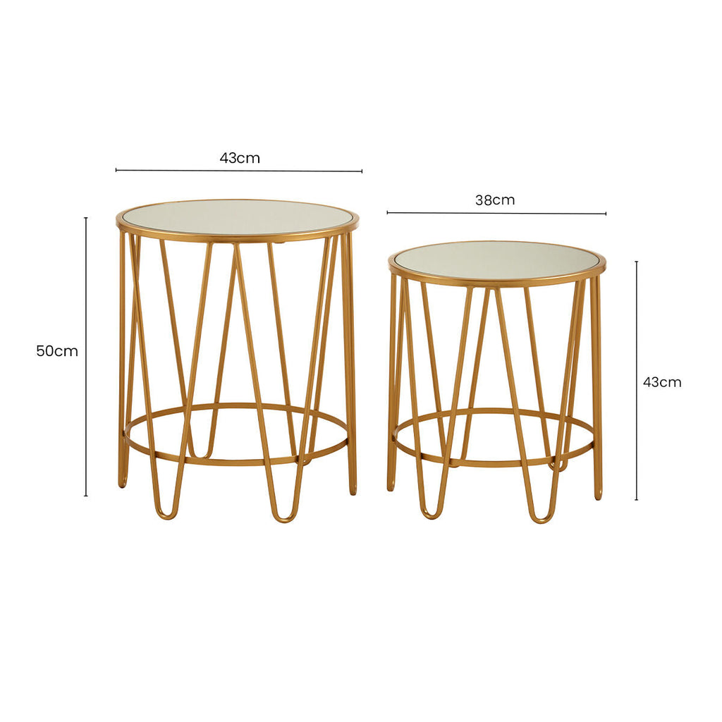 Set Of 2 Mirrored Glass Top Side Tables With Gold Hairpin Legs Rounded Design, Avantis