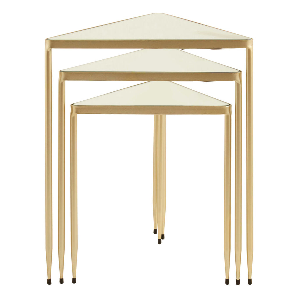 Set Of 3 Mirrored Glass Top Triangle Nesting Tables With Gold Champagne Metal Frame, Avantis