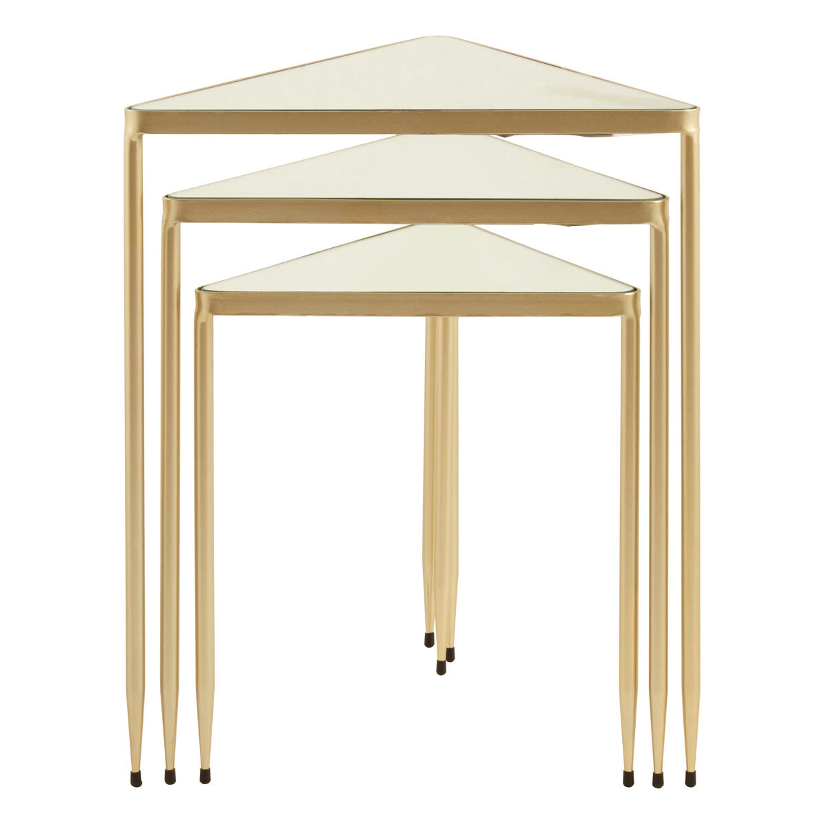 Set Of 3 Mirrored Glass Top Triangle Nesting Tables With Gold Champagne Metal Frame, Avantis