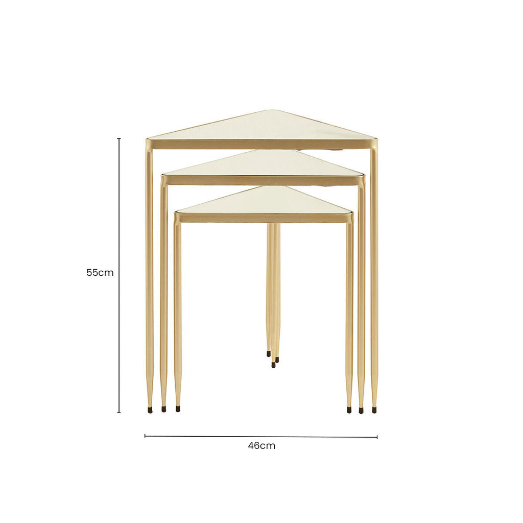 Set Of 3 Mirrored Glass Top Triangle Nesting Tables With Gold Champagne Metal Frame, Avantis