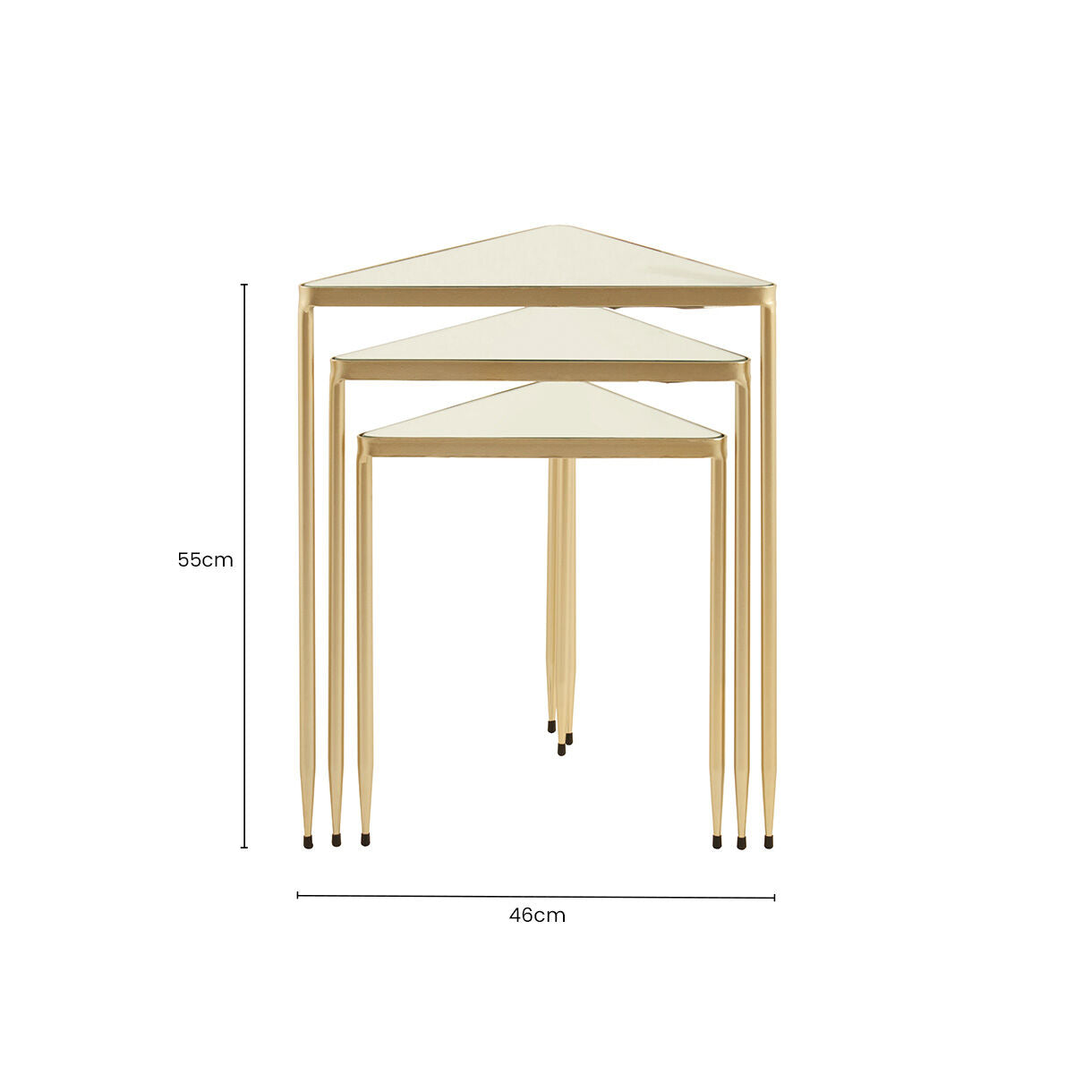 Set Of 3 Mirrored Glass Top Triangle Nesting Tables With Gold Champagne Metal Frame, Avantis