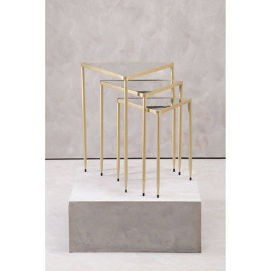 Set Of 3 Mirrored Glass Top Triangle Nesting Tables With Gold Champagne Metal Frame, Avantis