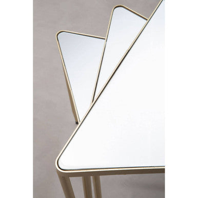 Set Of 3 Mirrored Glass Top Triangle Nesting Tables With Gold Champagne Metal Frame, Avantis