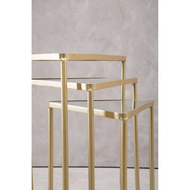 Set Of 3 Mirrored Glass Top Triangle Nesting Tables With Gold Champagne Metal Frame, Avantis