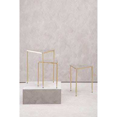 Set Of 3 Mirrored Glass Top Triangle Nesting Tables With Gold Champagne Metal Frame, Avantis