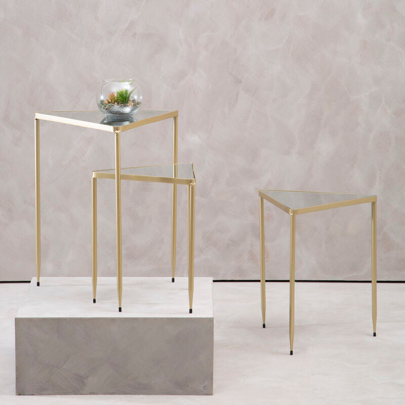 Set Of 3 Mirrored Glass Top Triangle Nesting Tables With Gold Champagne Metal Frame, Avantis