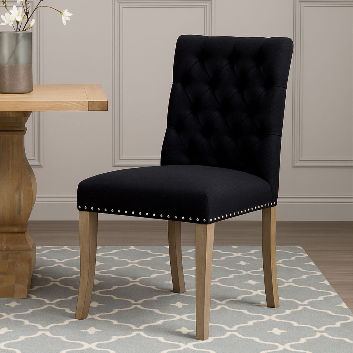 Kensington Townhouse Black Linen Dining Chair With Wooden Legs