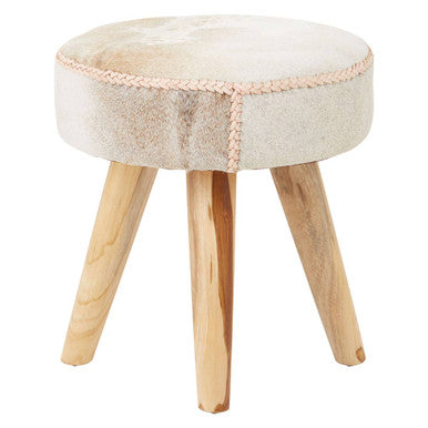 Kendari Hair On Leather & Teak Stool