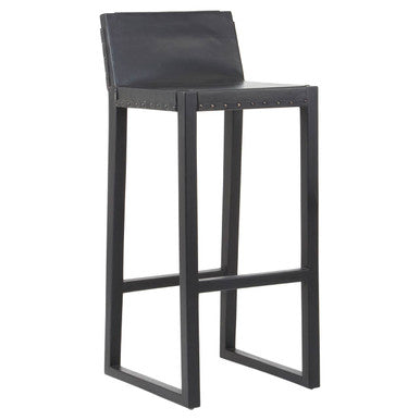 Kendari Black Leather & Teak Wood Bar Chair