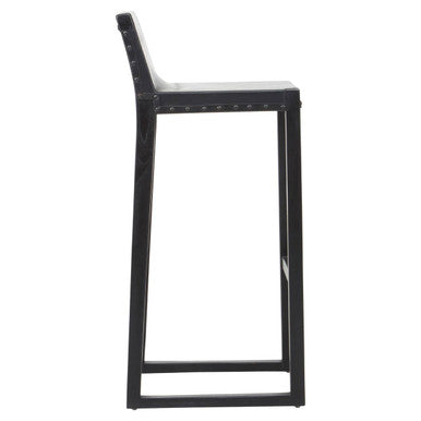 Kendari Black Leather & Teak Wood Bar Chair