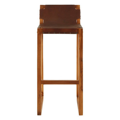 Kendari Brown Leather Bar Chair With Teak Wood Frame