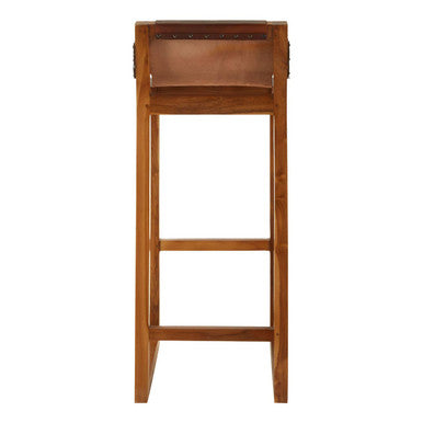 Kendari Brown Leather Bar Chair With Teak Wood Frame