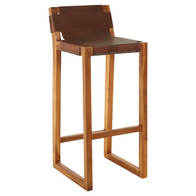 Kendari Brown Leather Bar Chair With Teak Wood Frame