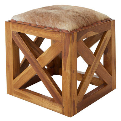 Kendari Hair On Leather & Teak Wood Square Stool