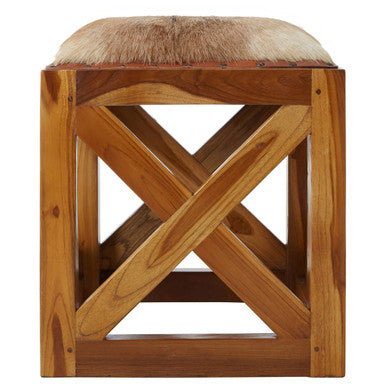 Kendari Hair On Leather & Teak Wood Square Stool